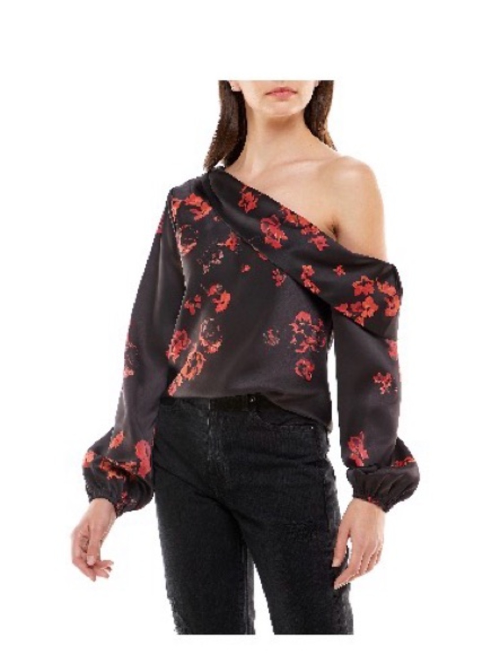 Wayf Black Off-Shoulder Blouse with Red Floral Print